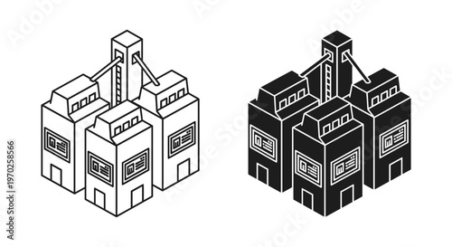Isometric factory building icons, industrial plant vector set, outline and solid black manufacturing facility symbols for logistics and infrastructure maps