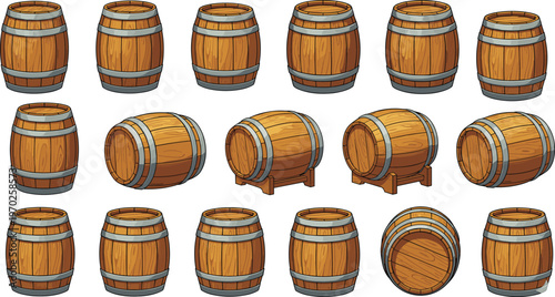 Vector illustration of wooden barrels in different positions and angles with detailed texture