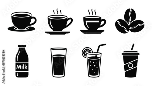 A collection of black silhouettes depicting coffee tea milk and various beverages with complementary elements silhouette high quality professional detailed modern