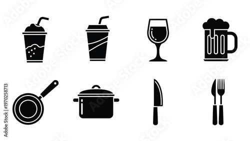 A collection of black silhouettes depicting various beverages cookware and cutlery items in a minimalist style silhouette high quality professional detailed