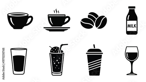 A collection of beverages including coffee tea juice and wine are depicted in a stark black silhouette high quality professional detailed