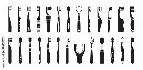 Toothbrush silhouette collection set of various dental hygiene tools for oral health care