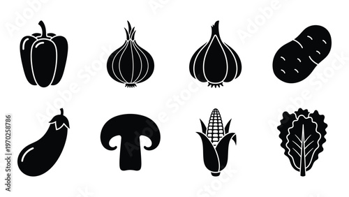 A collection of various vegetable shapes including peppers onions potatoes and mushrooms rendered as a striking silhouette high quality professional detailed