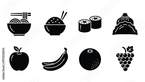 A collection of stylized food icons including noodles rice sushi fruit and vegetables shown as a silhouette high quality professional detailed