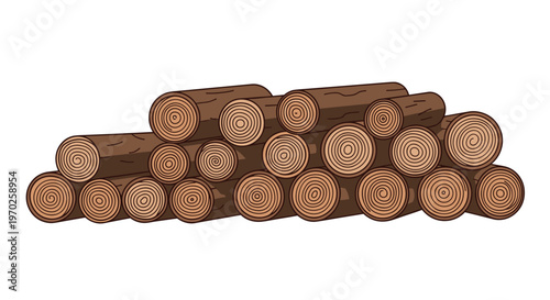 A massive pile of harvested wooden logs displays intricate circular grain patterns and rough brown bark textures in a dense and organized timber stack.