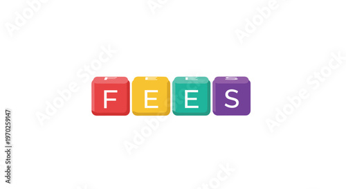 Four vibrant and colorful rounded cubes spelling the word fees stand prominently against a pristine white background in a clean and modern graphic design.