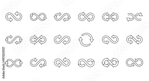 Infinity loop arrows icons set, continuous cycle symbols, repeat refresh sign collection