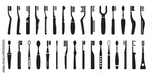 Dental toothbrush silhouettes icons collection with different bristle head shapes and sizes