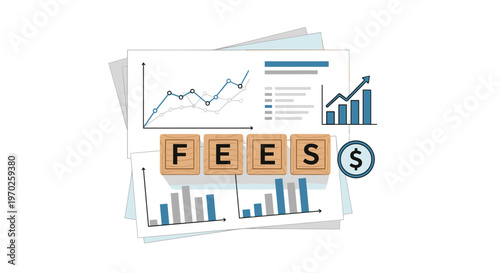 Meticulous wooden blocks spelling fees rest upon a detailed stack of financial reports and analytical bar charts under bright and even studio lighting.