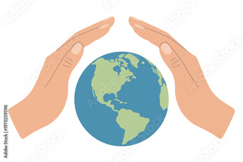 Hands protecting the Earth globe from above with care and safety