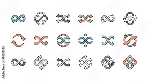 Loop, Infinity, and Shuffle Icons Set: Repetition, Cycle, and Continuous Flow Symbols