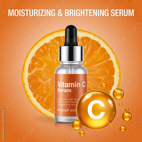 Vitamin C serum bottle with orange slice and moisturizing brightening concept