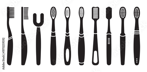 Front view toothbrush silhouettes set showing different bristle patterns and cleaning heads