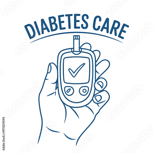 Hand holding diabetes blood glucose meter with check mark on screen for diabetes care