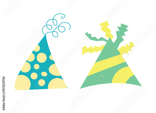 Colorful party hat illustration set featuring festive decorative elements, hand drawn flat vector design isolated on white background, perfect for birthday celebration, invitations, and event graphics