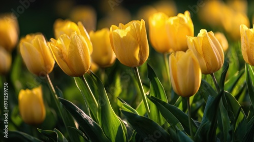 Yellow tulip field illuminated by warm late afternoon light
