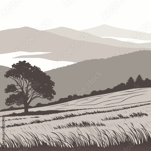 A serene landscape illustration depicts rolling hills a solitary tree and layered mountain ranges in muted earthy tones high quality