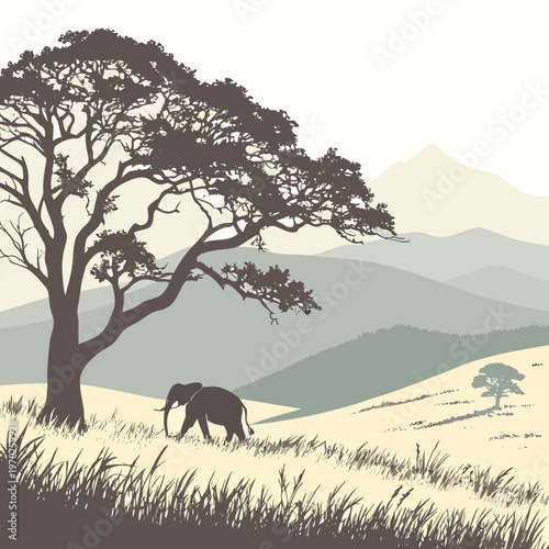 A simplified illustration depicts an african savanna landscape with a solitary elephant grazing beneath a sprawling acacia tree high quality