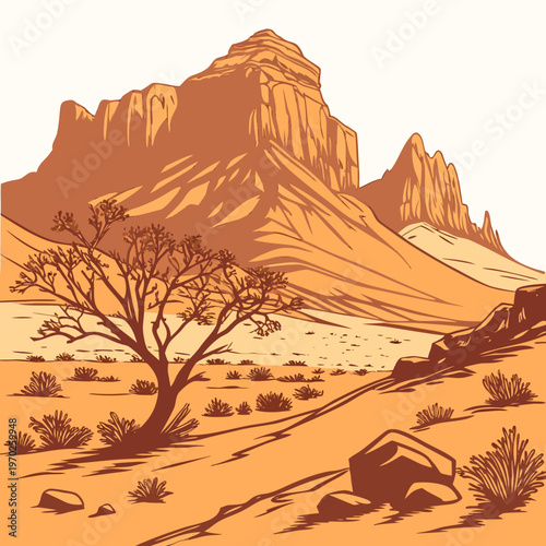 A picturesque stylized desert landscape features towering sandstone formations sparse vegetation and a warm earthy color palette high quality professional