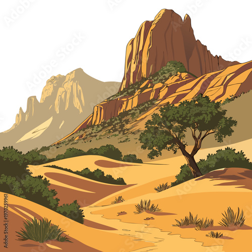 A vibrant illustration depicts a desert landscape featuring layered sandstone formations and sparse vegetation under a clear sky high quality
