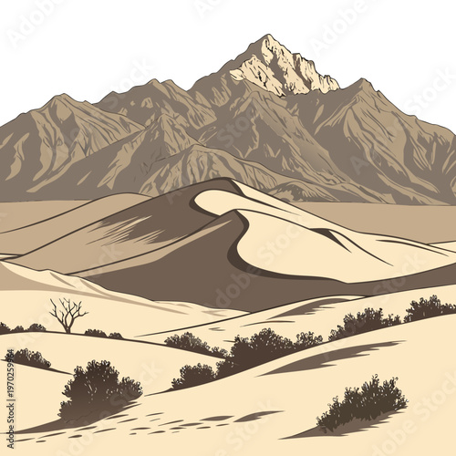 A stylized illustration depicts sweeping sand dunes in the foreground leading toward a distant rugged mountain range high quality professional