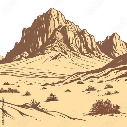 A detailed sketch depicts a rugged mountain range rising above a dry desert landscape with sparse vegetation high quality professional