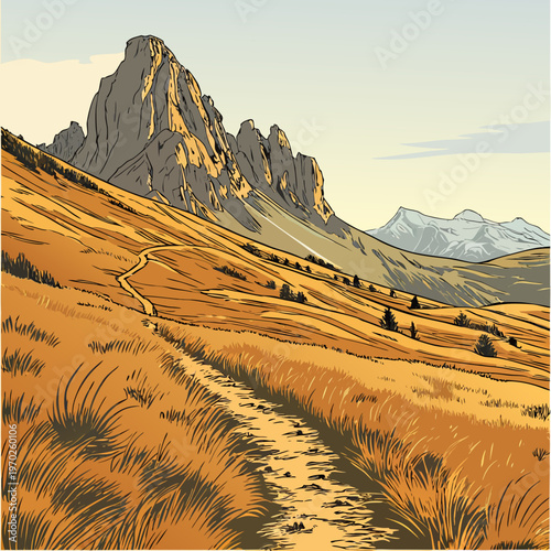 A picturesque illustration depicts a winding trail leading towards majestic jagged mountains under a soft pastel sky high quality professional