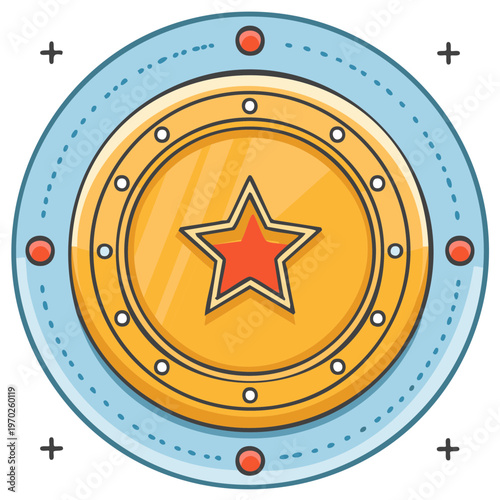 Vector golden shield with prominent red star, blue outer rim, and decorative details