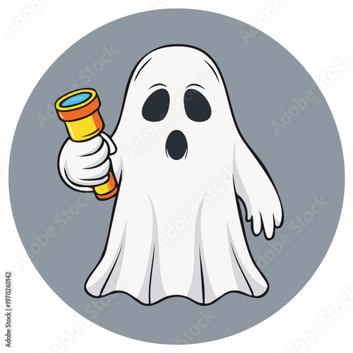 Cute cartoon ghost holding flashlight with spooky expression for Halloween celebration or haunted house themed graphic