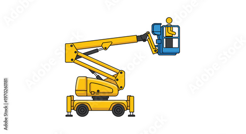 A functional yellow articulated aerial lift with a blue safety basket and a small human figure reaches upward against a clean and empty white backdrop.