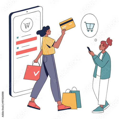 A digital illustration depicts two women engaged in online shopping using a smartphone showcasing convenience and modern retail high quality