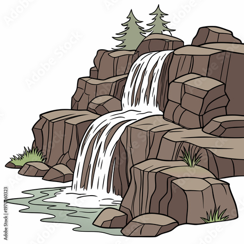 A colorful cartoon illustration depicts a picturesque waterfall cascading down rocky cliffs framed by lush green foliage and trees