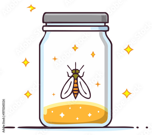 Charming firefly illustration glowing brightly inside a clear glass jar with sparkles