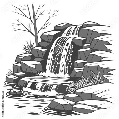 A grayscale illustration depicts a cascading waterfall flowing over layered rocks framed by sparse vegetation and a bare tree