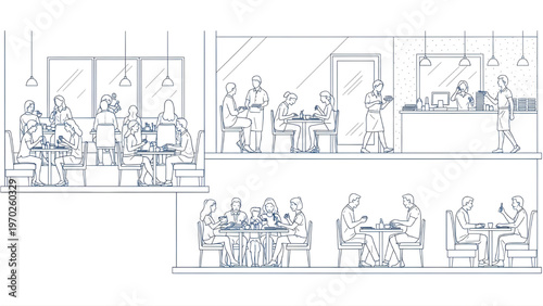 People Eating and Ordering Food, Families Sitting at Tables, Architectural Elevation Blue Line Drawing, White Background, Vector Illustration