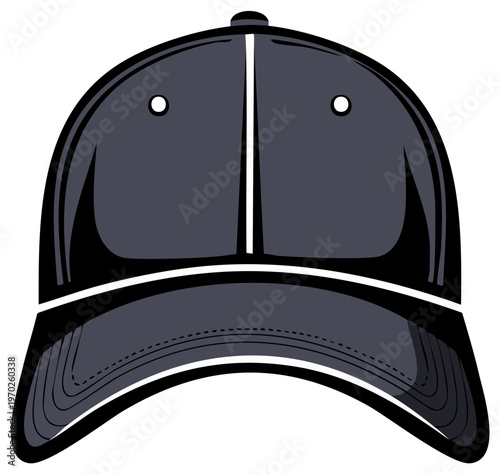 Isolated vector illustration of a dark gray blank baseball cap. Cartoon style headwear accessory front view.
