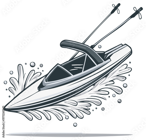 Cartoon water ski boat with skis jumping through splashing water in action icon