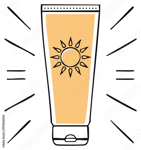 Summer protection concept with hand drawn sunscreen tube and sun icon