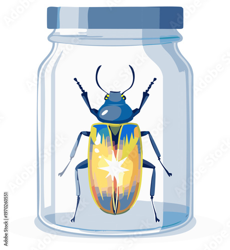 Detailed Illustration of a Colorful Beetle Specimen in a Clear Glass Jar