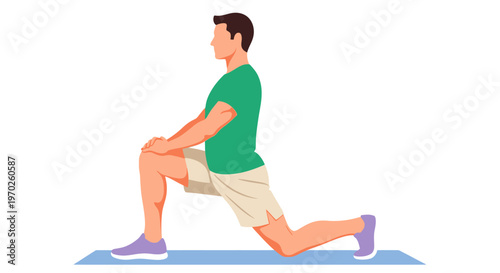 Athlete performing lunge exercise on workout mat. Vector Illustrations. EPS Editable