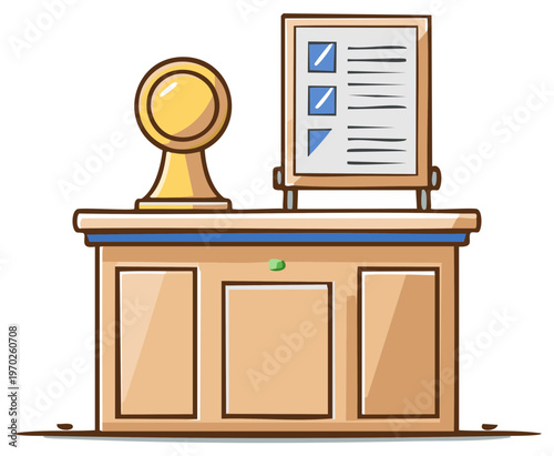 Cartoon Reception Desk with Checklist and Trophy for Service Awards