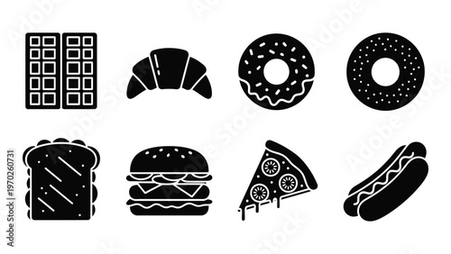 A collection of various food items including pastries sandwiches and pizza presented in black silhouettes high quality professional detailed modern elegant
