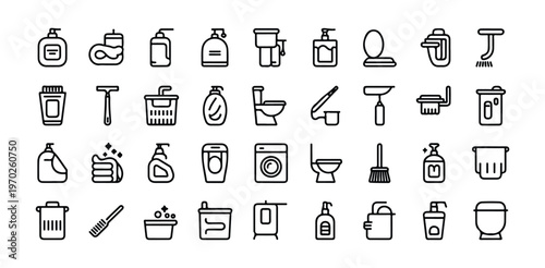 Bathroom personal care and cleaning products outline icons set modern minimalistic vector illustration