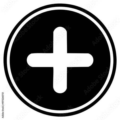 White plus sign in a black circle with a white outline symbol