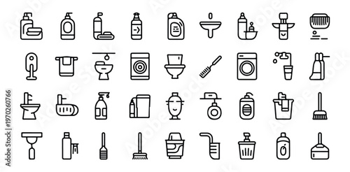 Hygiene and cleaning products bath and laundry outline icons set modern minimalistic vector illustration