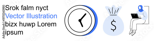 Business, time tracking, financial planning, remote work, productivity, economy. Clock, money bag symbol person with laptop. Time tracking and financial planning concept
