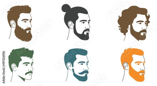 Men’s hairstyles and facial hair illustrations, six different styles in detailed vector design