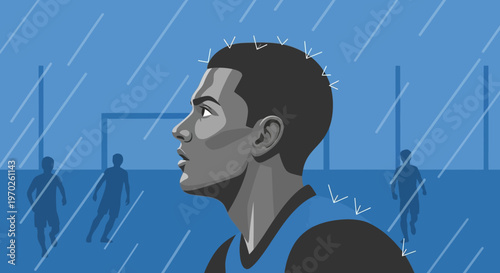 Young man in sports jersey profile.