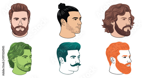 Men’s hairstyles and facial hair illustrations, six different styles in detailed vector design