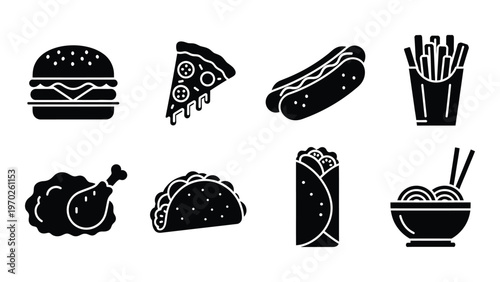 A collection of fast food items including burgers pizza hotdogs and fried chicken presented in black silhouette high quality professional detailed